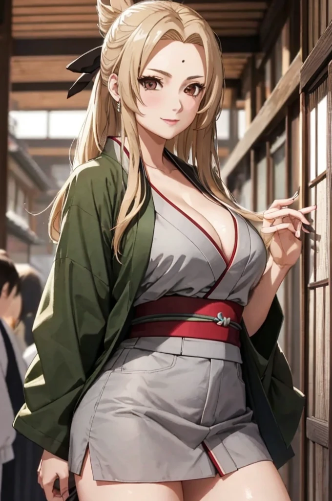 T5un4D3, marks, 1girl in, tsunade, common, sash, Green 、Gray Japan kimono、Red band、Gray miniskirt（Big Tits）,(((The right hand))