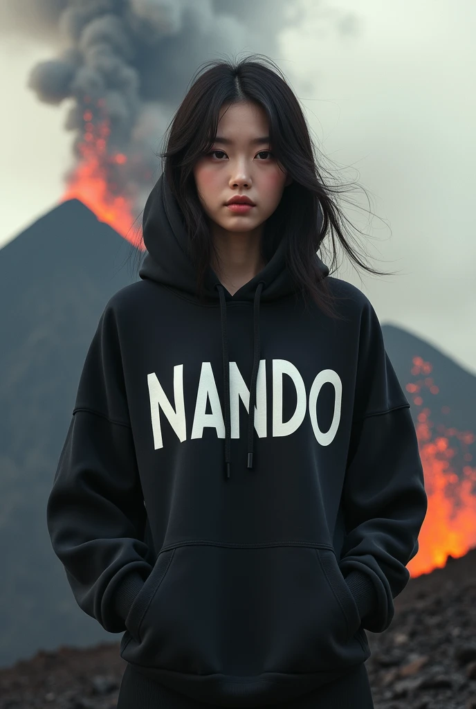 create a character hoodie,background: vulcano, background insert the HD text: “Nando”, HD, realistic, female, age 20, beautifull korean style, full body