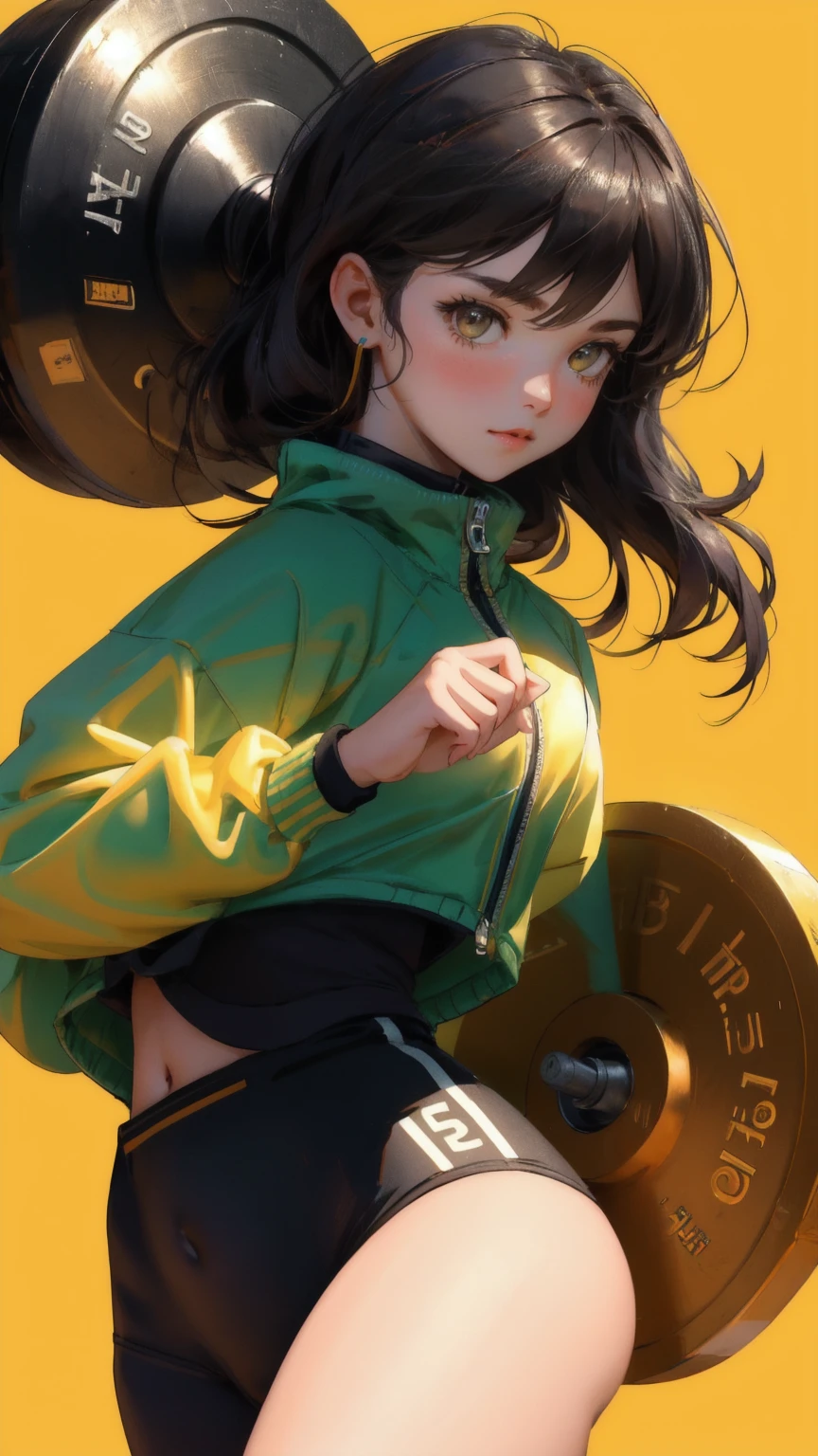 A beautiful cute girl in a sporty outfit with a bitcoin logo, lifting a barbell made of oversized bitcoin coins in a dynamic weightlifting pose. The scene is set in an arena with a bright yellow background, filled with cheering crowds and bitcoin symbols, capturing the high-energy atmosphere of a 'HODL Olympics' event. The girl appears strong and determined, her expression focused, embodying the spirit of resilience and strength. Text on the image reads 'HODL!' and 'Don't Dump!' to emphasize the theme.