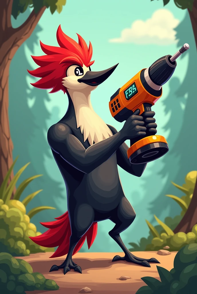 A video game style woodpecker with a drill in his hands