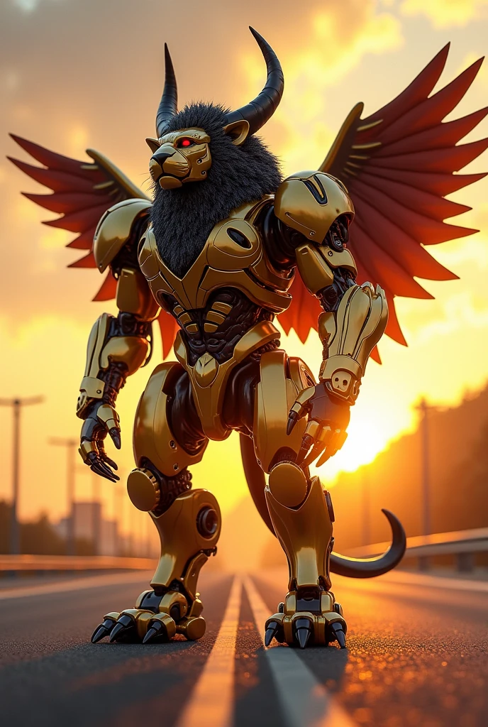 Robot and lion combination stand up  sun set high way whith golden and dark metal suit 
 with red eyes and horns and big wings 