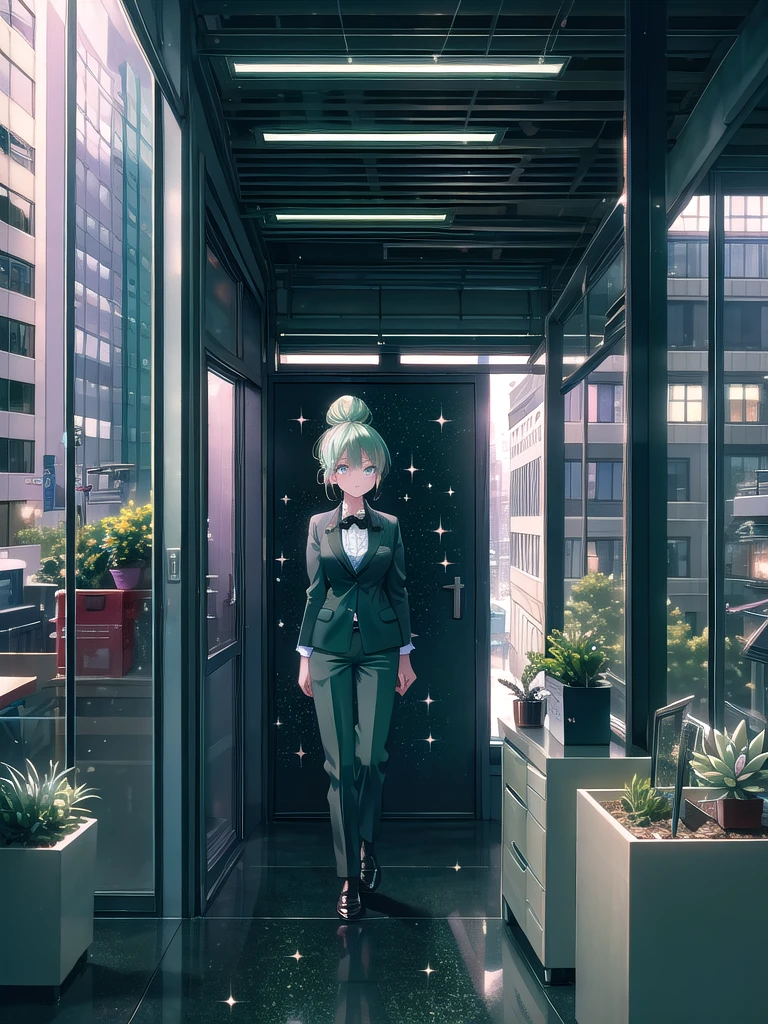 ((8k, Highest quality, masterpiece: 1.3)),Ultra-high resolution,(1 girl, alone), (Color changing eyes, Ultra-detailed, Expressive brilliance, Glitter, Glowing Eyes), Highly detailed eyes, Highly detailed face, Random Hair, ((pastel colour)) The woman is in a modern office building, standing by her desk while on a phone call, glancing at her computer screen. Her desk includes a sleek computer setup, a stylish notebook, a succulent plant, and a nameplate. The office features large glass walls, polished floors, and a view of a bustling city street below with cars and pedestrians. She’s dressed in a dark green blazer over a cream blouse, black straight-leg trousers, and classic loafers. Her hair is elegantly styled in a low bun, and she looks at the camera with a slight smile and raised eyebrows, as if pleasantly surprised by the conversation.