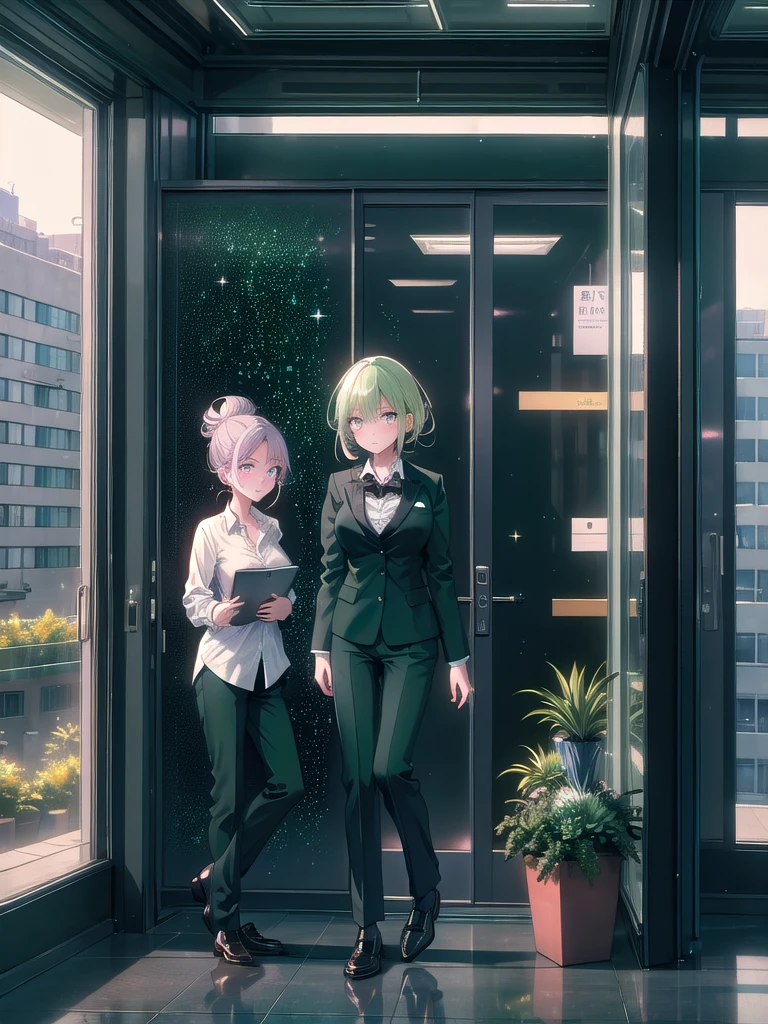 ((8k, Highest quality, masterpiece: 1.3)),Ultra-high resolution,(1 girl, alone), (Color changing eyes, Ultra-detailed, Expressive brilliance, Glitter, Glowing Eyes), Highly detailed eyes, Highly detailed face, Random Hair, ((pastel colour)) The woman is in a modern office building, standing by her desk while on a phone call, glancing at her computer screen. Her desk includes a sleek computer setup, a stylish notebook, a succulent plant, and a nameplate. The office features large glass walls, polished floors, and a view of a bustling city street below with cars and pedestrians. She’s dressed in a dark green blazer over a cream blouse, black straight-leg trousers, and classic loafers. Her hair is elegantly styled in a low bun, and she looks at the camera with a slight smile and raised eyebrows, as if pleasantly surprised by the conversation.
