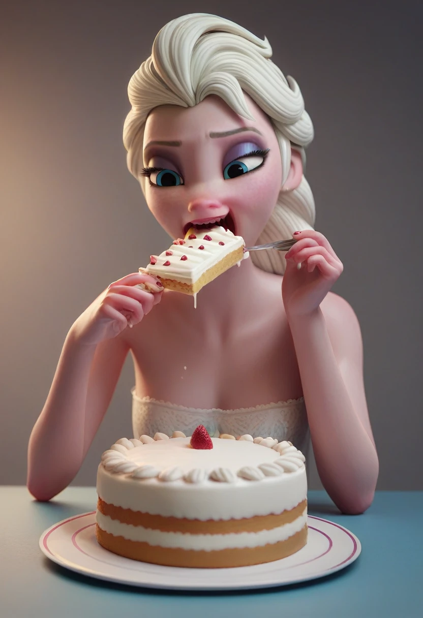 3D,tall surly slim faced elsa,eating a cake,wearing cold glances,literaly gained a pudgybelly ,fullbodyimage,gained weight