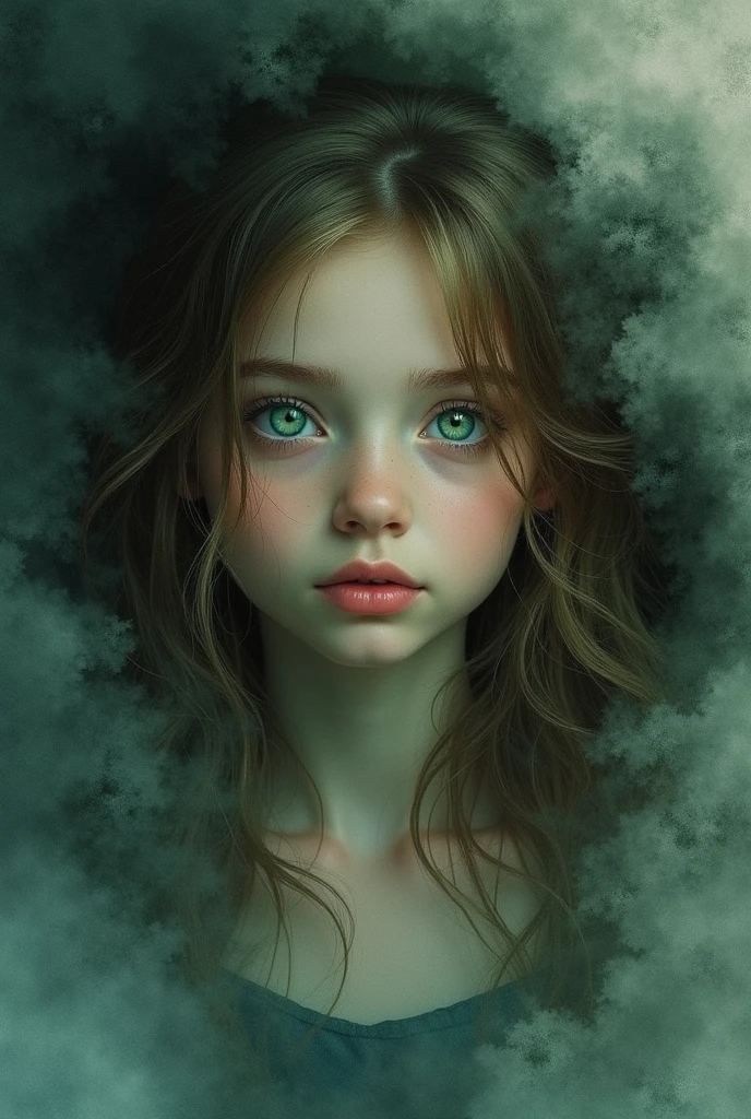 I want an album cover with a girl with light brown hair on it.,very long and green eyes lost in the darkness with watercolor style