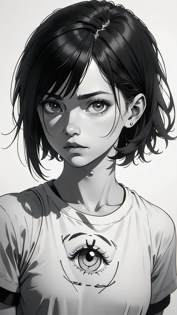 1 boyish girl, solo, sharp eyes, expressionless, monochrome, greyscale, short black hair, portrait, white T-shirt, closed mouth, looking at viewer, graphite \(medium\), detailed lips, hatching \(texture\), without makeup, bangs, upper body, (best illustration), (best quality), (very detailed), (masterpiece), expressionless,