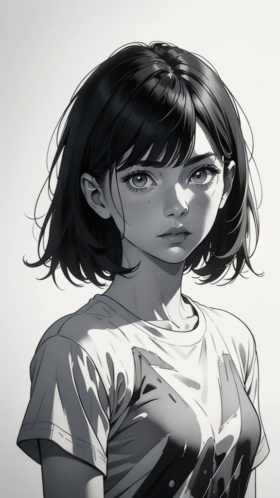 1 boyish girl, solo, sharp eyes, expressionless, monochrome, greyscale, short black hair, portrait, white T-shirt, closed mouth, looking at viewer, graphite \(medium\), detailed lips, hatching \(texture\), without makeup, bangs, upper body, (best illustration), (best quality), (very detailed), (masterpiece), expressionless,