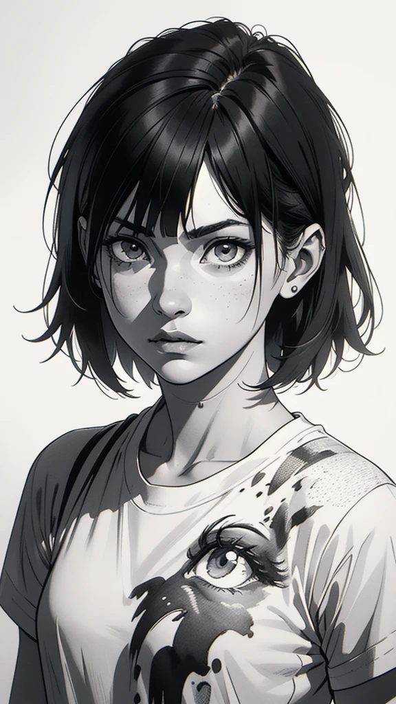 1 boyish girl, solo, sharp eyes, expressionless, monochrome, greyscale, short black hair, portrait, white T-shirt, closed mouth, looking at viewer, graphite \(medium\), detailed lips, hatching \(texture\), without makeup, bangs, upper body, (best illustration), (best quality), (very detailed), (masterpiece), expressionless,