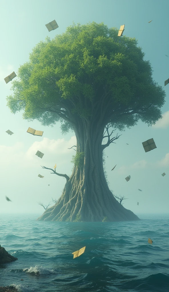 On an endless ocean,A giant tree with book leaves appeared,Pages fluttering in the wind。Breaking the concept of time and space,Incorporates fantastic elements,Typical surreal scene。These scenes break the logic of reality,Bring strong visual impact and imagination space。visually stunning,( perfect anatomy )masterpiece, best quality, Ultra-high resolution, (Very detailed),