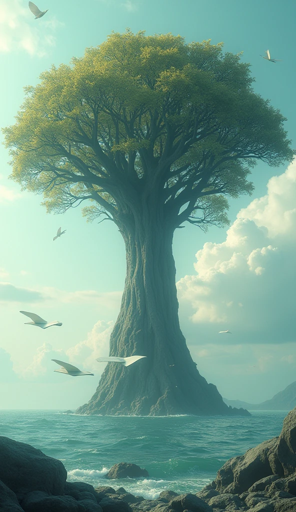 On an endless ocean,A giant tree with book leaves appeared,Pages fluttering in the wind。Breaking the concept of time and space,Incorporates fantastic elements,Typical surreal scene。These scenes break the logic of reality,Bring strong visual impact and imagination space。visually stunning,( perfect anatomy )masterpiece, best quality, Ultra-high resolution, (Very detailed),