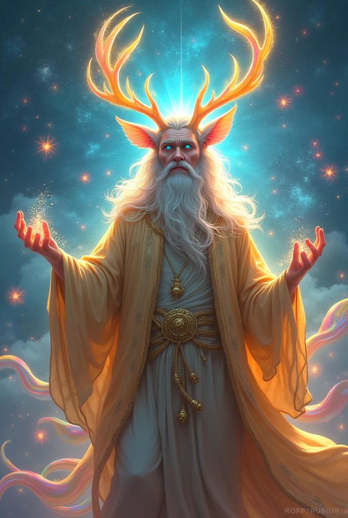 elder,Almond eyes, blue, Natural Hair. He is clothed in gold and silver,blue eyes, Deer ears are translucent and glowing spore Milky Way Fancher Filled with rainbow-colored translucent slime san francisco Extraterrestrial life forms amoeba