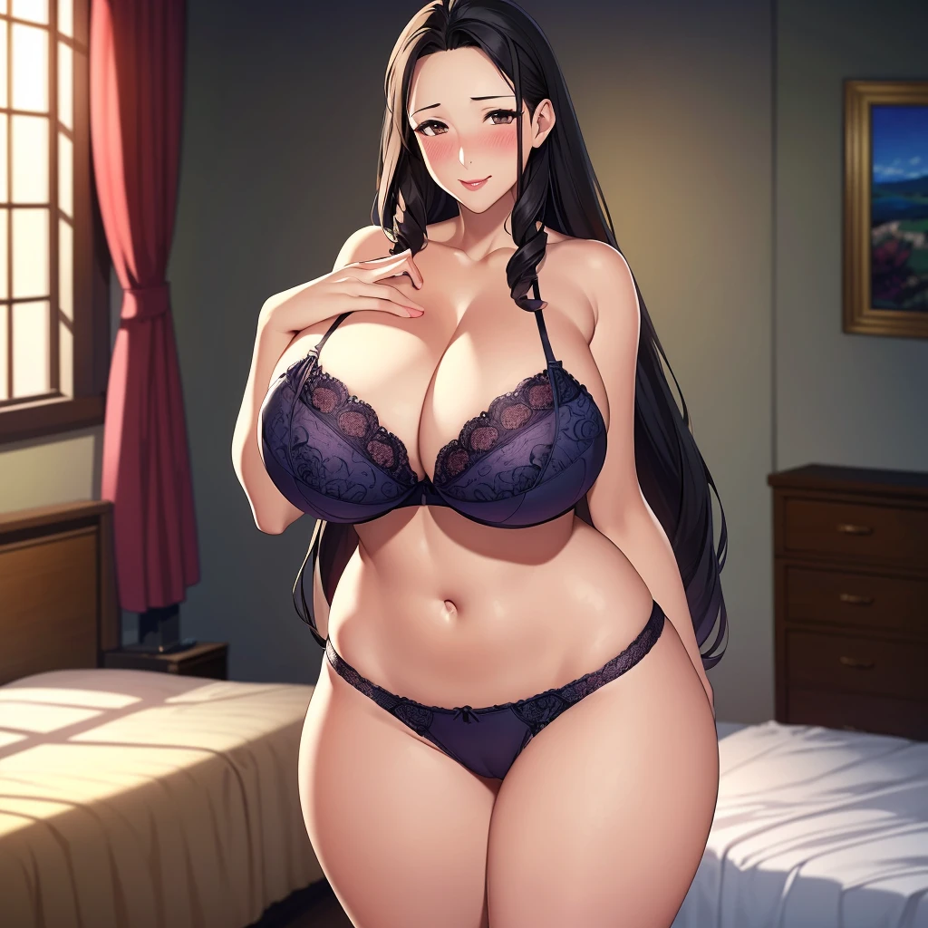 ((masterpiece)), full body, (nsfw), face to face, ((best quality)), (ultra-detailed), absurdres, extremely detailed CGI unity 8k wallpaper, midnight, standing, groin, cameltoe, shoot from front, Official Art, accurate describe shapes, beautiful face, expressive eyes, looking at viewer, solo, scenery, anime screencap, bedroom, indoor, show off nude, firsttime, age difference, male virgin, moonlight, lifted by self, open clothes, removing clothes, (embarrassed), (blush:1.5) tareme, tempting smile, (seductive smile), closed mouth, aged up woman, 1lady, (mature female, older, (presenting), (deep cleavage:1.4), (gigantic breasts:1.5), (cleavage:1.3), milf, older, motherly, (wide hips), curvy, drill hair, ringlets, quad drills, forehead, (long hair:1.4), black hair, brown eyes, huge bra, full laced panties, high leg panties, teddy lingerie, subtle lace, lace trimmed bra, black bra, shoulders, bare shoulders, bare legs, decollete, collarbone, lips, HDR, lipstickmakeup,