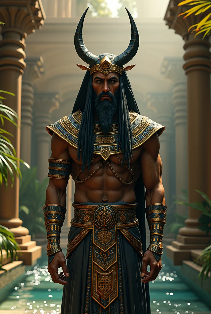 (((Egyptian God))) Best quality, ultra high resolution, Detailed 4K computer graphics, masterpiece,Seth,God of Chaos, Egyptian mythology,expression of evil,Egyptian clothing, desert,((brother of Osiris) ) , aesthetics, Beautiful image, centered on the screen, oasis in the background