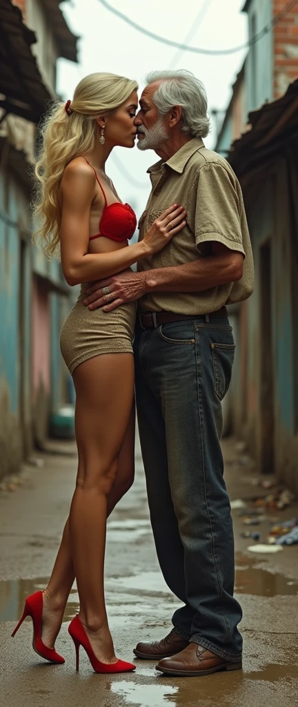 a rich beautiful blonde woman, wearing sexy clothes and high-heeled sandals, standing full-length, old homeless black man, Old black man in beggar's clothes, old black man beggar, holding hands, smiling, intense emotion, fall in love, kissing while walking together in a shanty