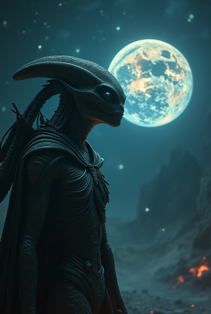 An alien creature from a galaxy far, far away，Demonstrates impressive supernatural abilities，Silently observing human activities。This entity is shrouded in an aura of mystery and power.，Radiating dazzling energy and distinctly non-human features。Its sharp eyes are scanning the Earth，Absorb the complexity of human culture and life。This scene is set against the backdrop of the vast universe.，The Earth is illuminated，Showing its beauty and diversity。This alien is unlike any life form on Earth，Symbolizes a paradox：Being an outsider，Deeply focused on human life