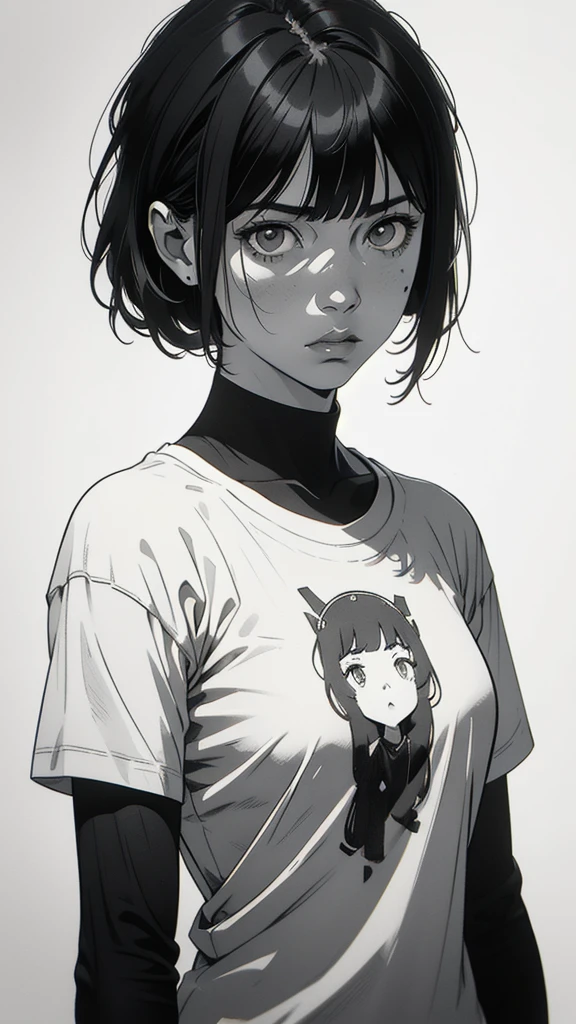 1 boyish girl, solo, sharp eyes, monochrome, greyscale, short black hair, portrait, white T-shirt, closed mouth, looking at viewer, graphite \(medium\), detailed lips, hatching \(texture\), without makeup, bangs, upper body, (best illustration), (best quality), (very detailed), (masterpiece), expressionless,