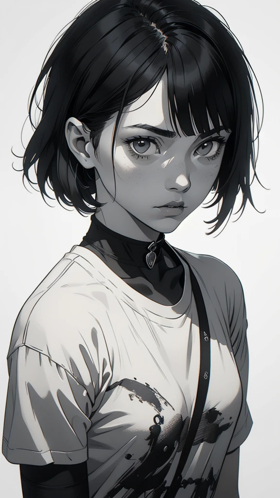 1 boyish girl, solo, sharp eyes, expressionless, monochrome, greyscale, short black hair, portrait, white T-shirt, closed mouth, looking at viewer, graphite \(medium\), detailed lips, hatching \(texture\), without makeup, bangs, upper body, (best illustration), (best quality), (very detailed), (masterpiece), expressionless,