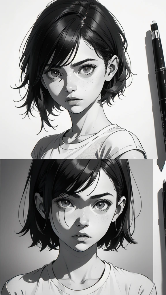 1 boyish girl, solo, sharp eyes, expressionless, monochrome, greyscale, short black hair, portrait, white T-shirt, closed mouth, looking at viewer, graphite \(medium\), detailed lips, hatching \(texture\), without makeup, bangs, upper body, (best illustration), (best quality), (very detailed), (masterpiece), expressionless,