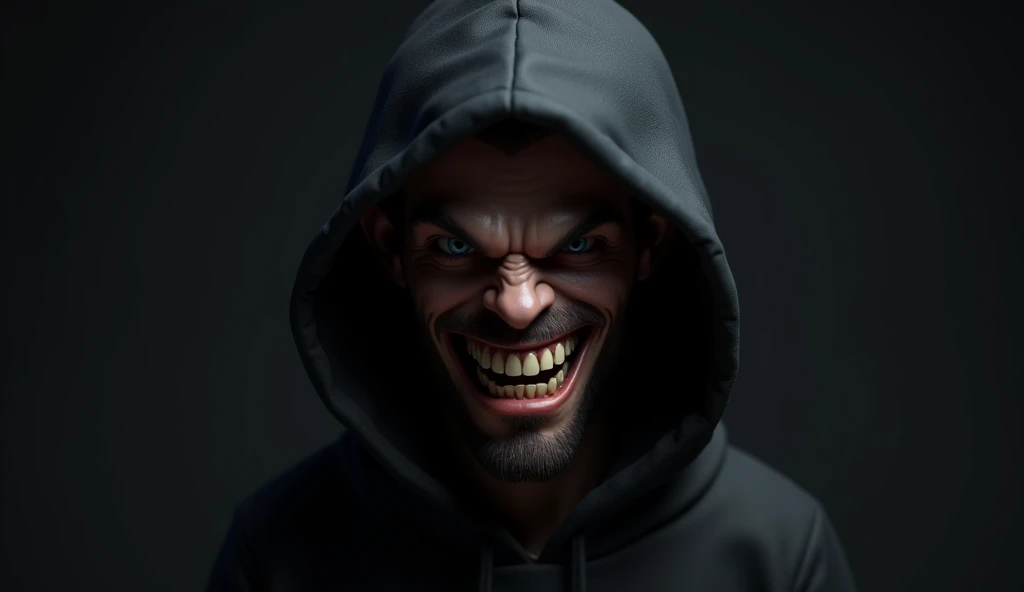 Create a realistic 3D caricature of a cybercrime character wearing a black hoodie with a terrific look. The background should be black. Use soft photography lighting, including hair lights, edge lights, and top lights, with very high detail in the image.