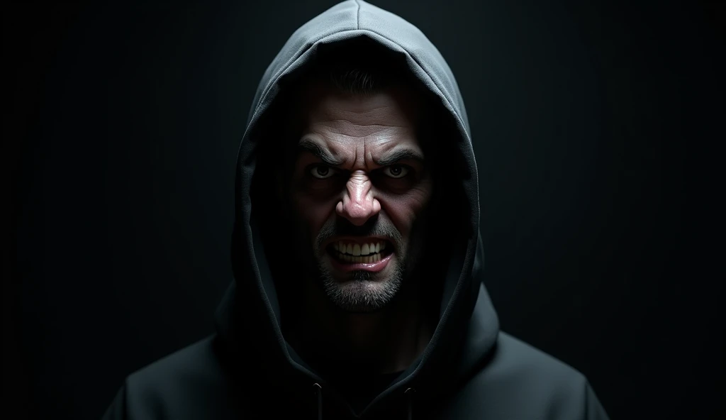 Create a realistic 3D caricature of a cybercrime character wearing a black hoodie with a terrific look. The background should be black. Use soft photography lighting, including hair lights, edge lights, and top lights, with very high detail in the image.