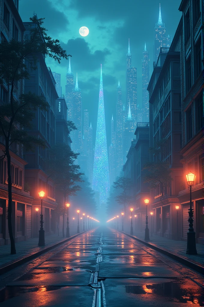 - "Create a 3D image an enigmatic cityscape at night with a surreal, dreamlike atmosphere. The buildings should have an otherworldly glow and be bathed in shifting, iridescent lights. The streets are empty and quiet, with an air of mystery hanging over the scene."