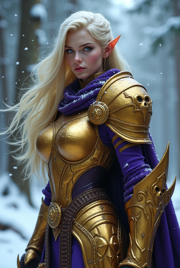 Tema del juego World of Warcraft Image of an female Blood elf Knight,aged 32,blonde Hair flowing with the wind,side view, standing holding her favourite golden sword and golden Shield(with griffon simbol),purple Skin, Long elf ears, bright glowing Golden eyes, Golden extremely realistic and intrincate shiny metal Armor with metal reflections, Golden Pauldrons, Golden skull Pauldron, Gold and purple Chestpiece,golden Gauntlets, Dark purple tabard, Dramatic tones.blizzard storm,heavy snow, snowing,old forest, Una obra maestra con la más alta resolución. , Tipo de imagen surrealista,armor metal reflections,Photorealistic, Hyperrealistic, Hyperdetailed, analog style, detailed skin,soft lighting, subsurface scattering, realistic, heavy shadow, masterpiece, best quality, ultra realistic, 8k, golden ratio, Intricate, High Detail, film photography, soft focus