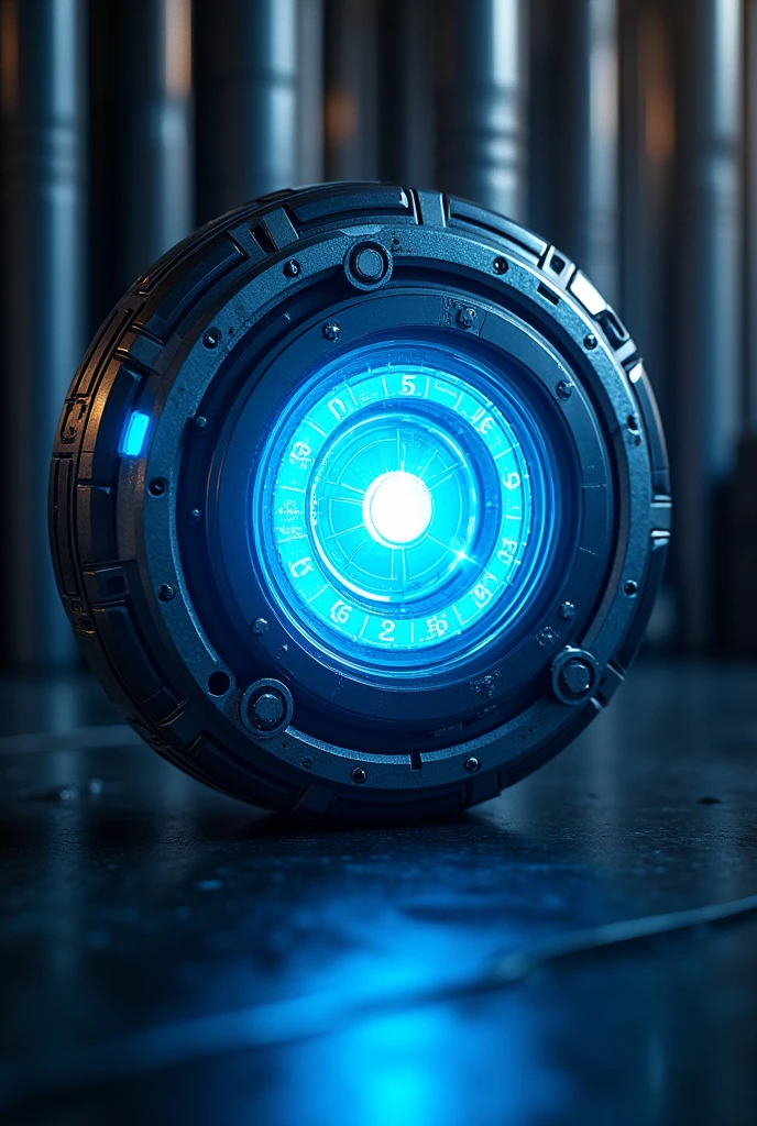 Arc reactor in blue colour circular shape with blinking blue light and at the centre of an arc reactor front face and realistic display add some steel rods in the arc reactor