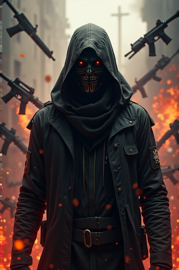 YouTube thumbnail resolution 1280×720 for new bgm composition,In the background lot of guns and fire . and a man behind mask with name of sidda's Aura