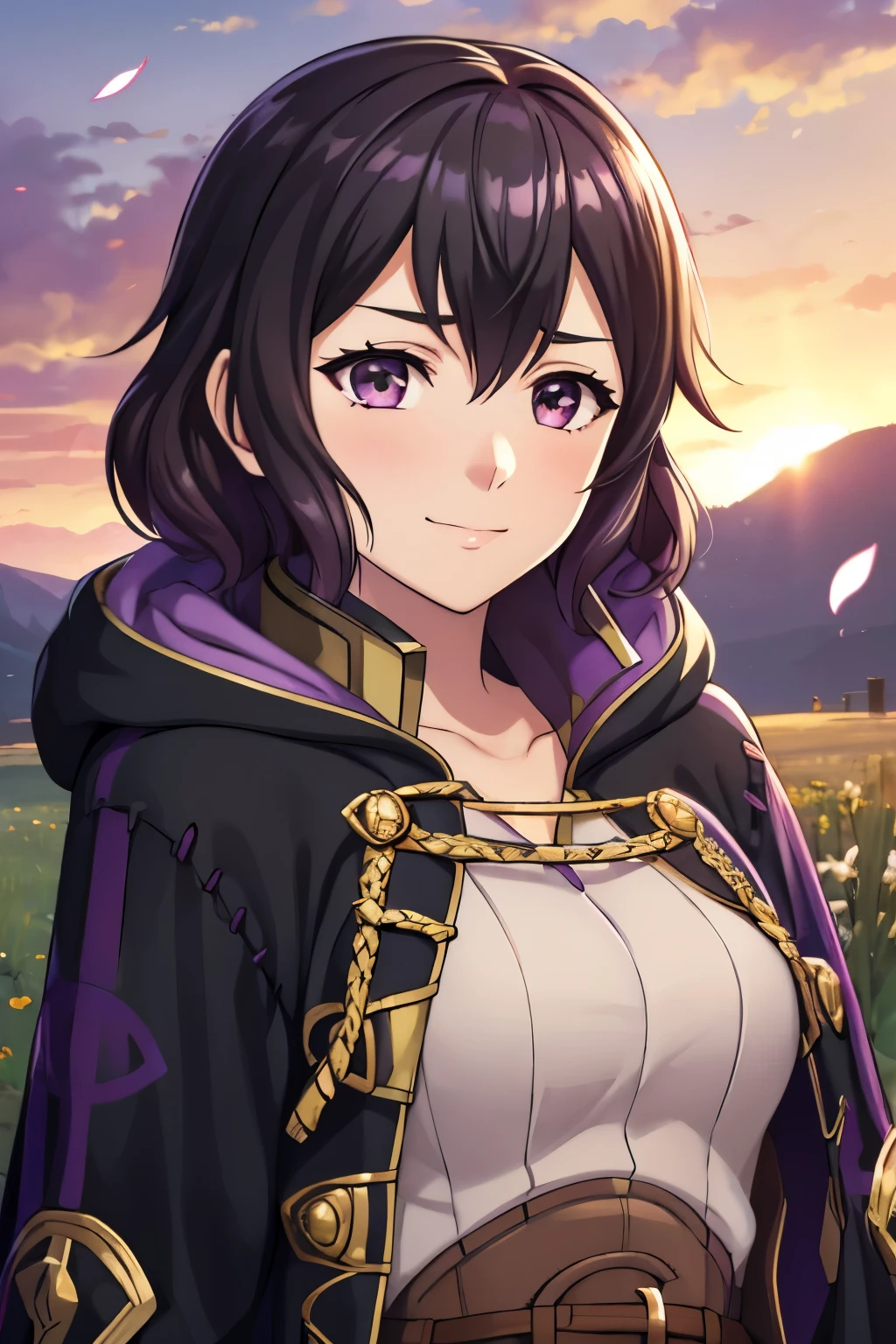 (high-quality, breathtaking),(expressive eyes, perfect face) 1girl, female, solo, portrait, Fire Emblem Awakening, Symmetrical Eyes, open field background, Robin (Fire Emblem: Awakening), dark Brown hair color, short hair length, messy wavy hair, hair ornament, upper body, pink eyes, Black and purple robe, gold trim, hood, white shirt, brown belt, tomb, positive expression, cute smile, detailed eyes, adorable face, short height, Cult of Grima, Fell Dragon Grima, Arms down, female robin (fire emblem), dark brown hair, flower petals, braided bang, ribbon in hair, soft breeze, sunrise skies
