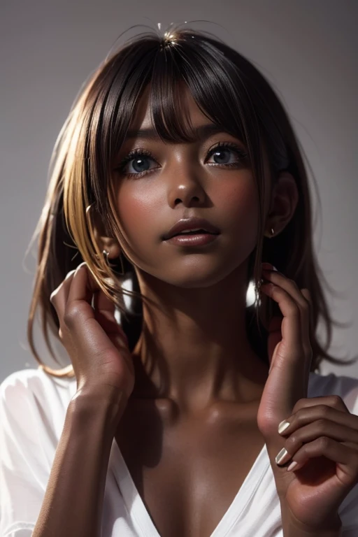 one girl, ((( incoming kiss )))、Put your hand over your mouth、Beautiful breasts、 Brown eyes, ((Gal Hairstyles)) blonde, girl, (Eye and facial details:1.0), break, (masterpiece, Highest quality, Very detailed, Detailed face, 8k),( dark skin:1.95 ),(((( looking up ))))