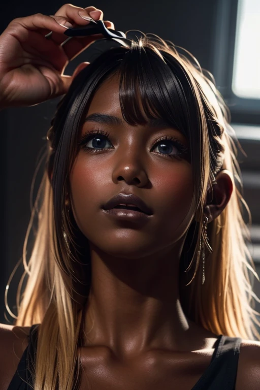 one girl, ((( incoming kiss )))、Put your hand over your mouth、Beautiful breasts、 Brown eyes, ((Gal Hairstyles)) blonde, girl, (Eye and facial details:1.0), break, (masterpiece, Highest quality, Very detailed, Detailed face, 8k),( dark skin:1.95 ),(((( looking up ))))