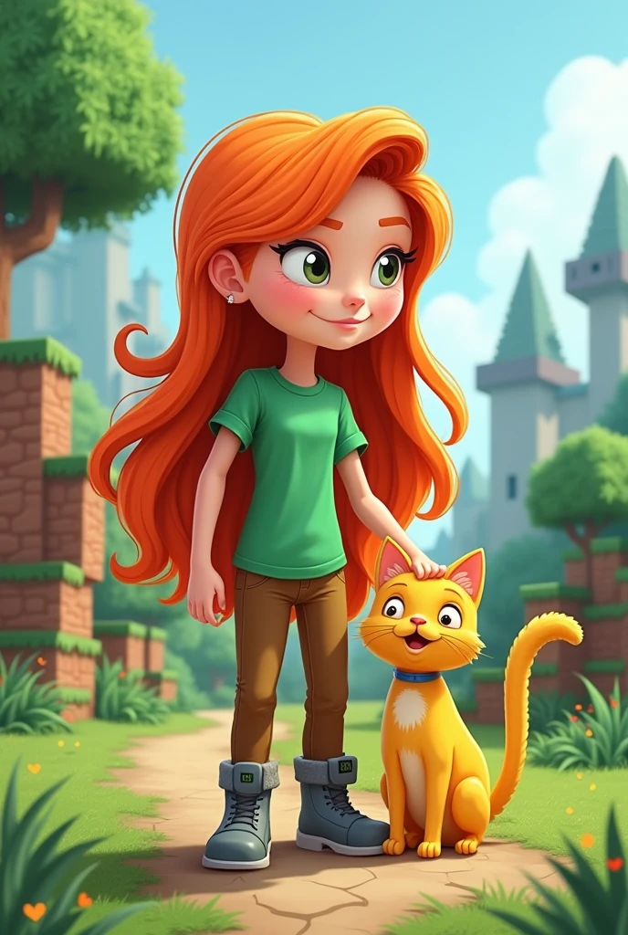 Fully 2D cartoon design of Alex the girl, long orange hair, green t-shirt, brown pants, gray boots petting her yellow cat with realistic shape and human body and no cubes in minecraft land