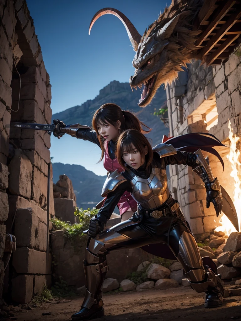 Woman fighting monster with sword