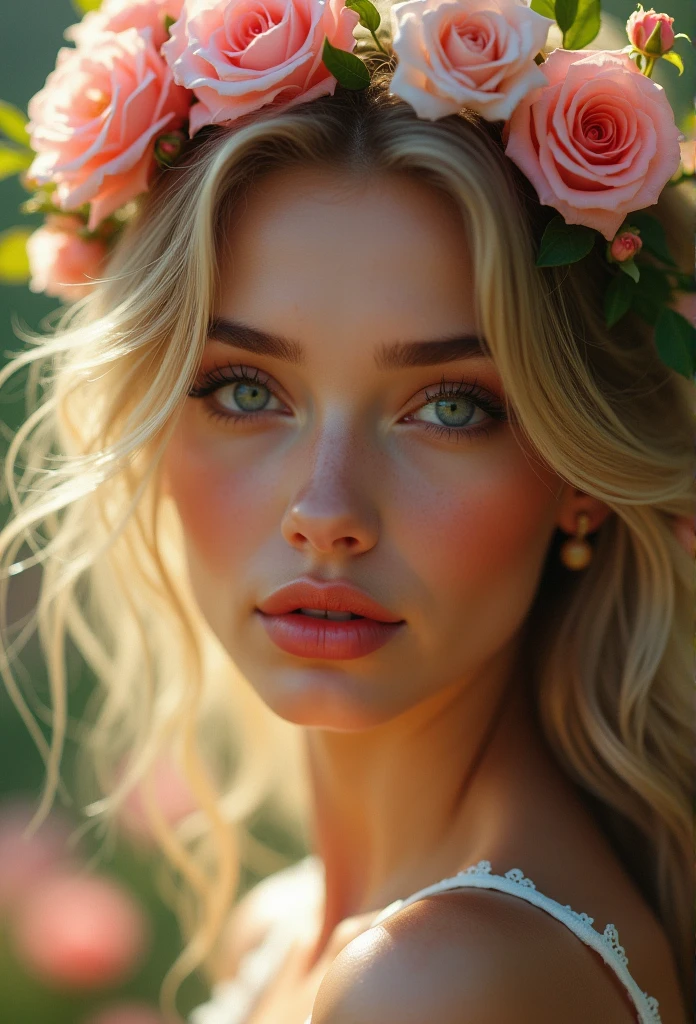 beautiful detailed eyes, beautiful detailed lips, extremely detailed eyes and face, longeyelashes, 1girl, sexy attractive outfit, beautiful blonde hair, flower crown, pink rose, garden, enchanting, soft lighting, warm color palette, detailed texture, (best quality,4k,8k,highres,masterpiece:1.2),ultra-detailed,(realistic,photorealistic,photo-realistic:1.37),portrait,romantic