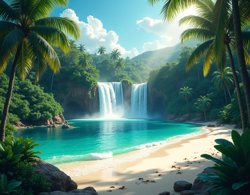 crée moi plusieurs une jungle paradisiaque, avec une cascade, eau turquoise avec une plage sable blanc