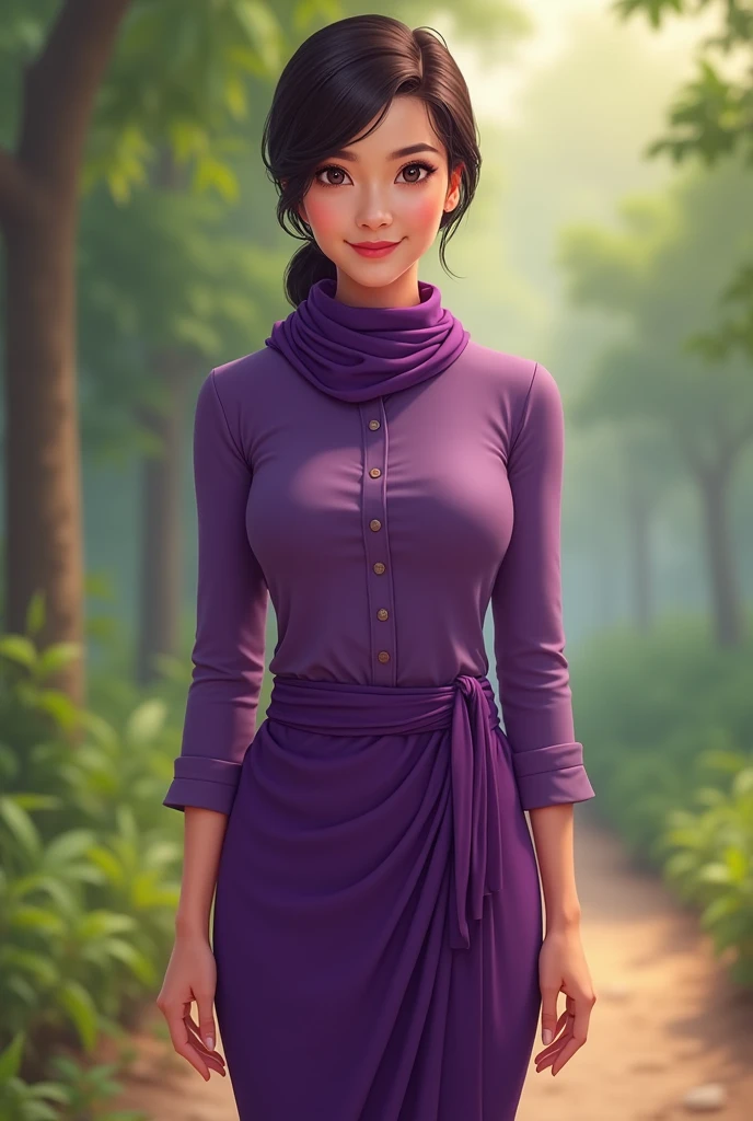 Ayeyarwaddy farmer development bank staff myanmar tranditional girl uniform ,that is fit and elegant purple blouse , purple scarf, fit purple mini short skirt longyi reality from head to feet.