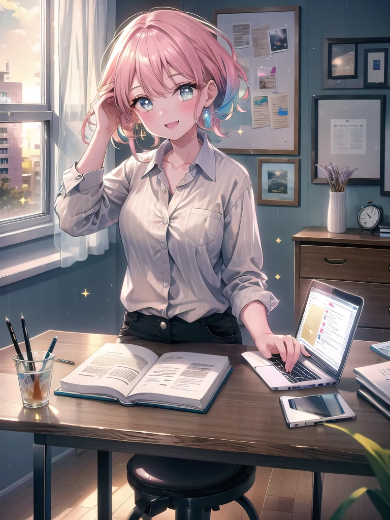 ((8k, Highest quality, masterpiece: 1.3)),Ultra-high resolution,(1 girl, alone), (Color changing eyes, Ultra-detailed, Expressive brilliance, Glitter, Glowing Eyes), Highly detailed eyes, Highly detailed face, Random Hair, ((pastel colour)) The woman is seated at a collaborative work table in an office with colleagues, engaged in a team project. The room has light wood floors, modern light fixtures, and motivational posters on the walls. The table is scattered with laptops, notebooks, pens, and coffee cups. A large window behind them reveals a view of the city park with trees and people walking. She’s dressed in a striped button-up shirt, beige chinos, and flats. Her hair is loosely tied back, and she looks at the camera with a bright, energetic smile, showing her enthusiasm for the team effort.