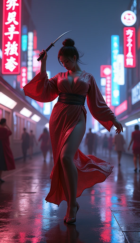 Recursive wedge effect, spiral effect, Somer's strike, neon lights, night scene, surreal, photo manipulation, 3D rendering, a dancing beautiful woman, plump, sexy, wearing a loose glossy kimono, holding a katana with exposed view render of Japanese metropolis, intricate, detailed, add coolages panel with nature at the back, 180° angle