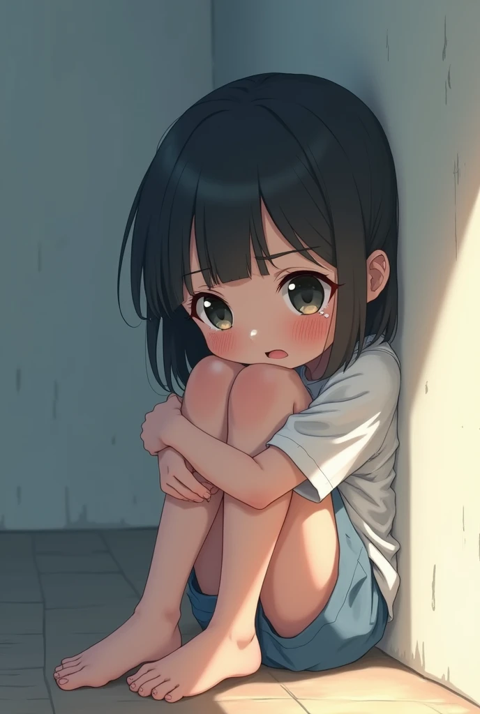 Tiny size small cute sensitive innocent shy blushed anime girl fear crying curl up in a ball and leaning towards the wall