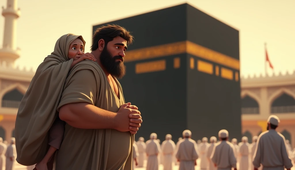 Animated image of a big black-haired Muslim man carrying an old grandmother on his back wearing white ihram clothes looking at the Kaaba