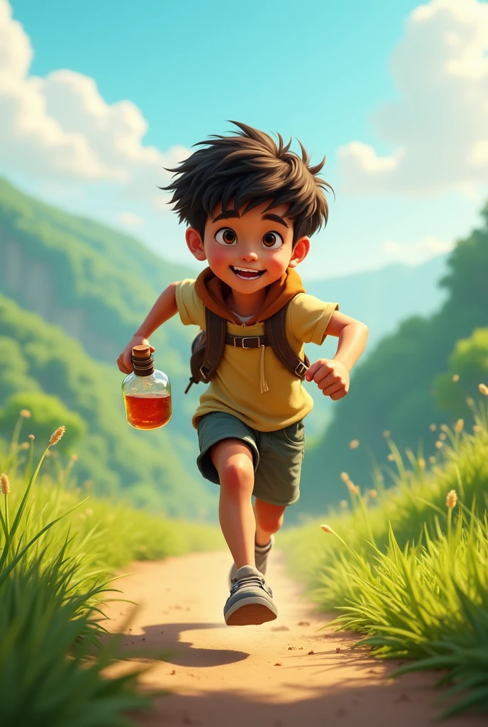 A boy running with a bottle of what