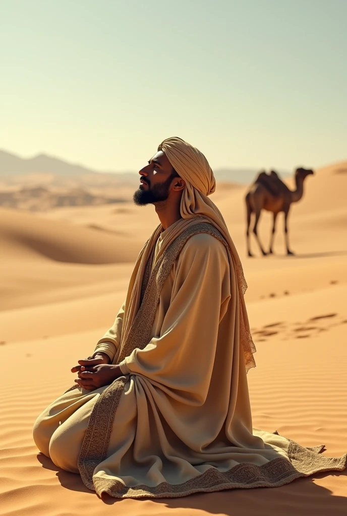 In the ancient times, a man in the Arab country was praying in the desert with a camel