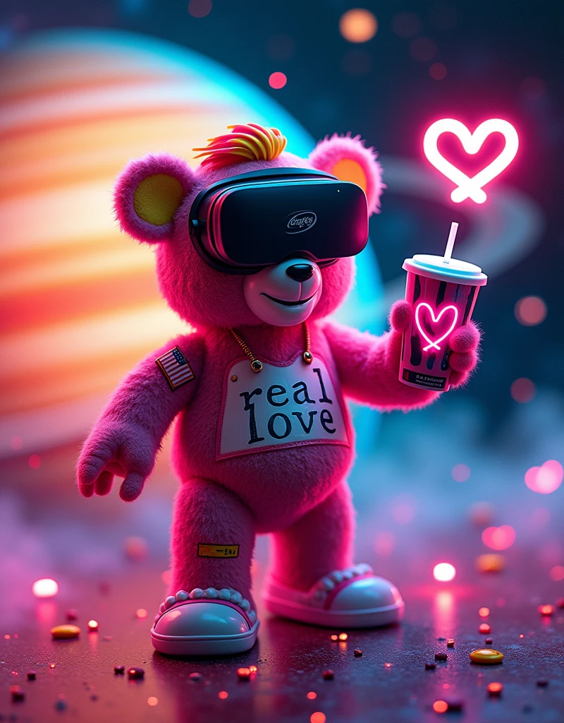 NFT cool art big red saturn planet behind a space bear NASA,on the left hand is american flag patch only one hand and another one hand holding a rose holding a :: coca cola mcdonalds cup :: photo included flash light symbolls on the wall and ::space skies and stars and giant saturn planet close up and falling star on the background :: of 1 toy full body with fashion grunge style toy bear, black mirror VR mask blue neon glow, pink fur, toy bear holding a thunfer flash light neon in the hand, hug ( neon glow my  LOVE neon glow word :: ) with two eyes in a style in mood and happy  smiling with teeth smile wearing a :: yellow:: red hair and a slash yellow glow on the bear, background with X and O game made of hearts, Glowing stars is flying in the air, neon glow heart inside of the heart is the word ::  REAL LOVE ::  word, 90's fashion font graffiti words:: hug LOVE::, hyper detailed 35 mm shot