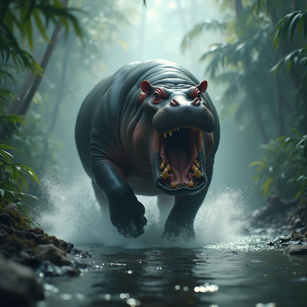 A massive hippo with sharp, glistening fangs is running full speed toward the viewer, its mouth open wide in a ferocious snarl, ready to attack. The hippo's body matted and wild, and its glowing eyes are locked onto the viewer with a menacing intensity. The scene is set in a dense, smoky jungle river, where the hippo running through the water and water sparkling both side of the hippo partially obscured by the heavy mist and. The river through the hippo is charging down is wide, overgrown with sparkling water and foliage, adding to the sense of impending danger. The overall atmosphere is dark and ominous, with the dense fog swirling around the hippo, making its approach even more terrifying