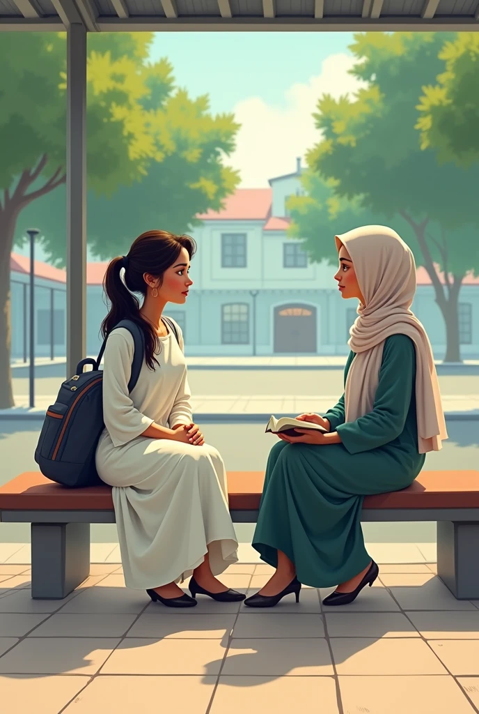 In pakistan A girl with fair complexion in a pony tail with her college bag and in her uneversity uniform white suit salwar  sitting on a bench at bus station waiting for the bus  . the place is not crowded and there are trees she has only one bag that is for her books. A South African black girl with hijab on  sat on distance at the same bench with her holding a closed book in her both hands . make hijabi girl black girl