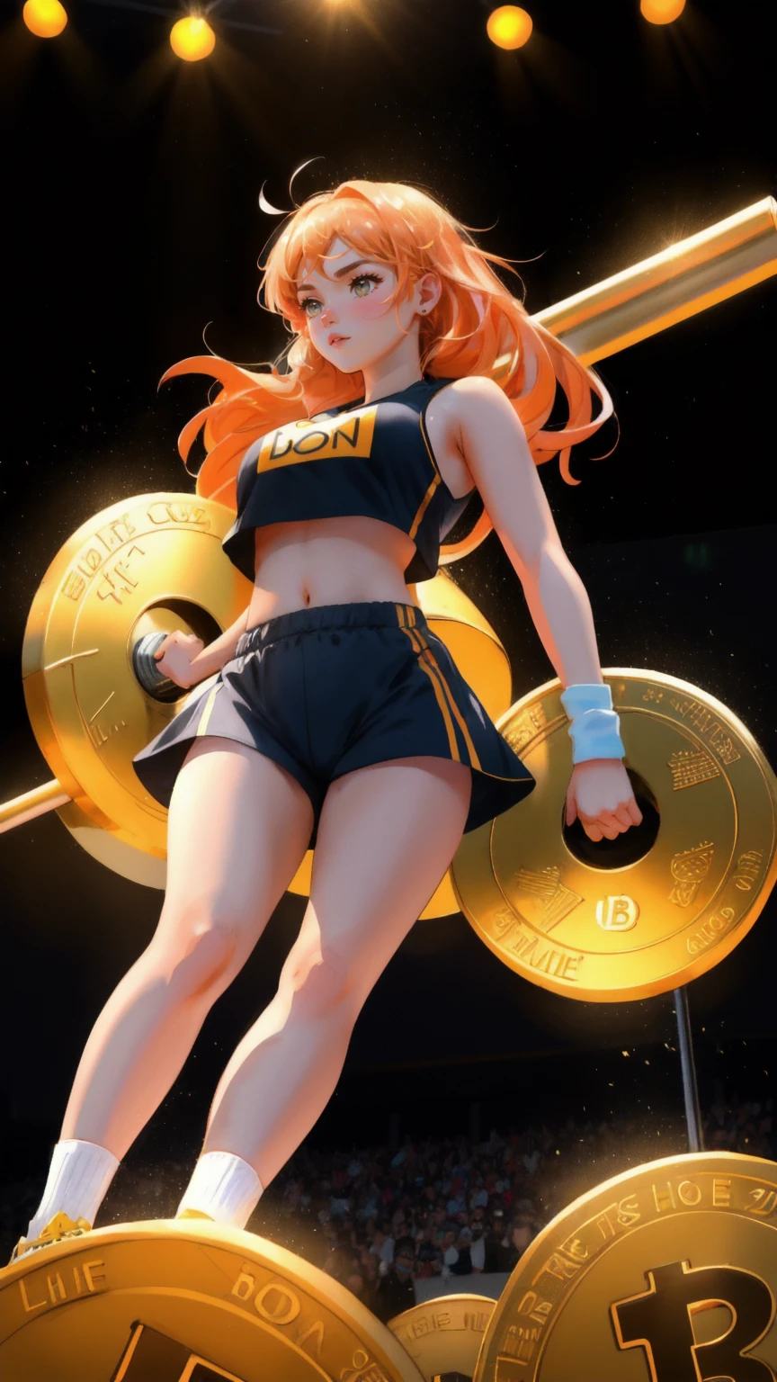 A beautiful cute girl wearing an athletic outfit with a bitcoin logo, confidently lifting a large barbell made of giant bitcoin coins, surrounded by a crowd of supporters cheering her on at the 'HODL Olympics'. The background is bright yellow, creating a vibrant and energetic atmosphere, with spotlights illuminating the stage. The girl’s expression is fierce and determined, symbolizing strength and endurance, with the words 'HODL Olympics' in bold lettering at the top, enhancing the motivational theme of resilience and persistence in the crypto world.