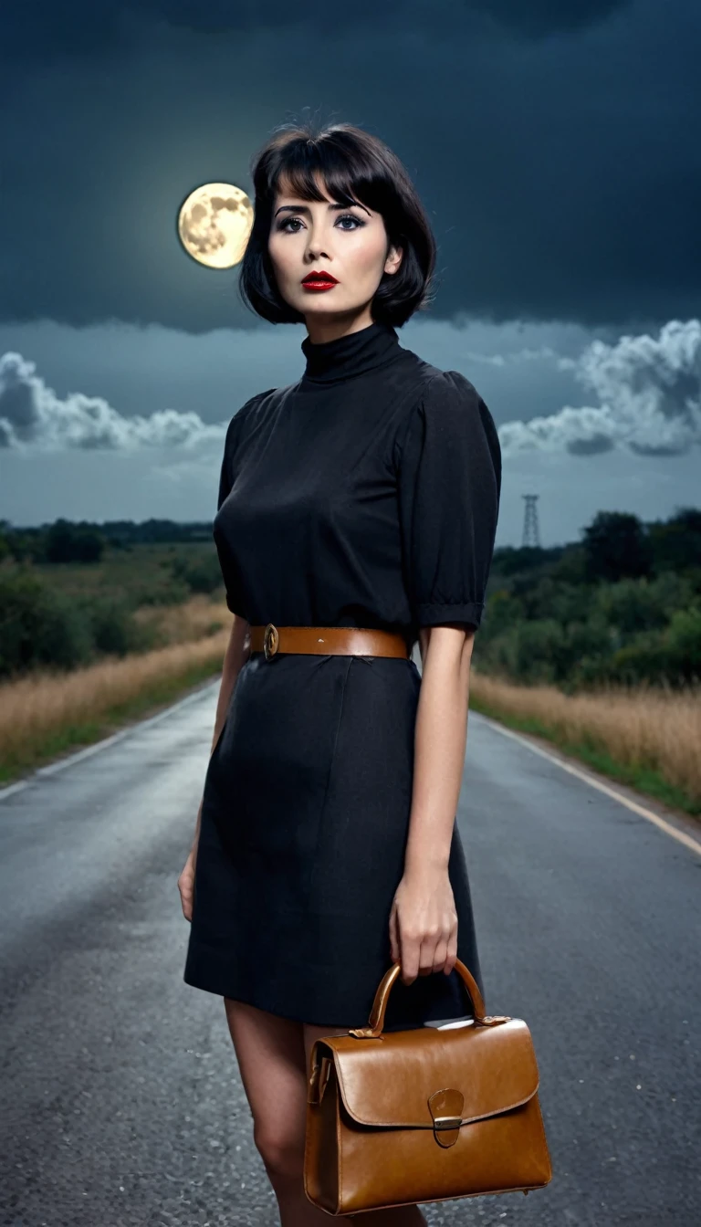 Full length photo,woman p1960, short black hair in swan style, 60's style face in 60's style (Mod Look), standing on the road holding an old brown leather bag beside the body, the face and eyes look scared, standing on the lonely road, surrounded by darkness, with only light from the roadside pole, the sky with the moon and clouds looks scary in the dark atmosphere. 35mm film photo, realistic photo in old photographic style, the photo has a slight hand shaking effect and from the flash, dark and gloomy color tone, photography, detailed skin, realistic, photo-realistic 8k high detail, full length frame, RAW color art, high detail, deep, soft light, shallow depth of field, sharp focus, hyperrealism, cinematic lighting.