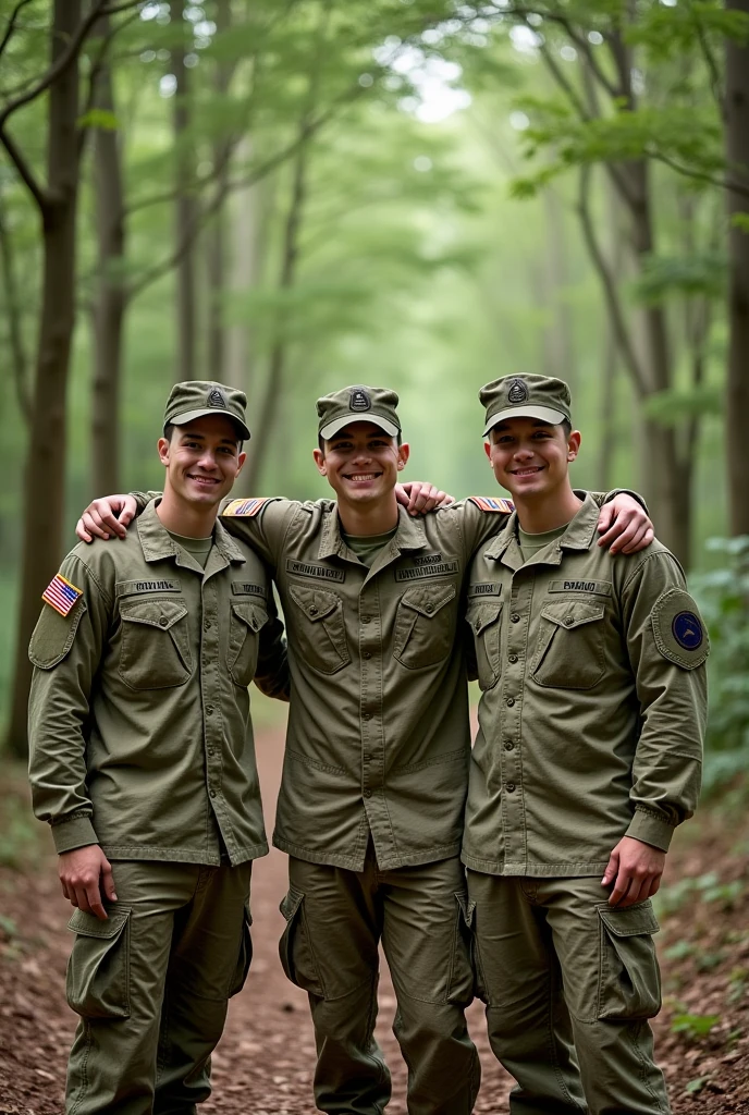 US army guy without any gears and weapon selfie with 2 friends at the Forest clothes marines camo