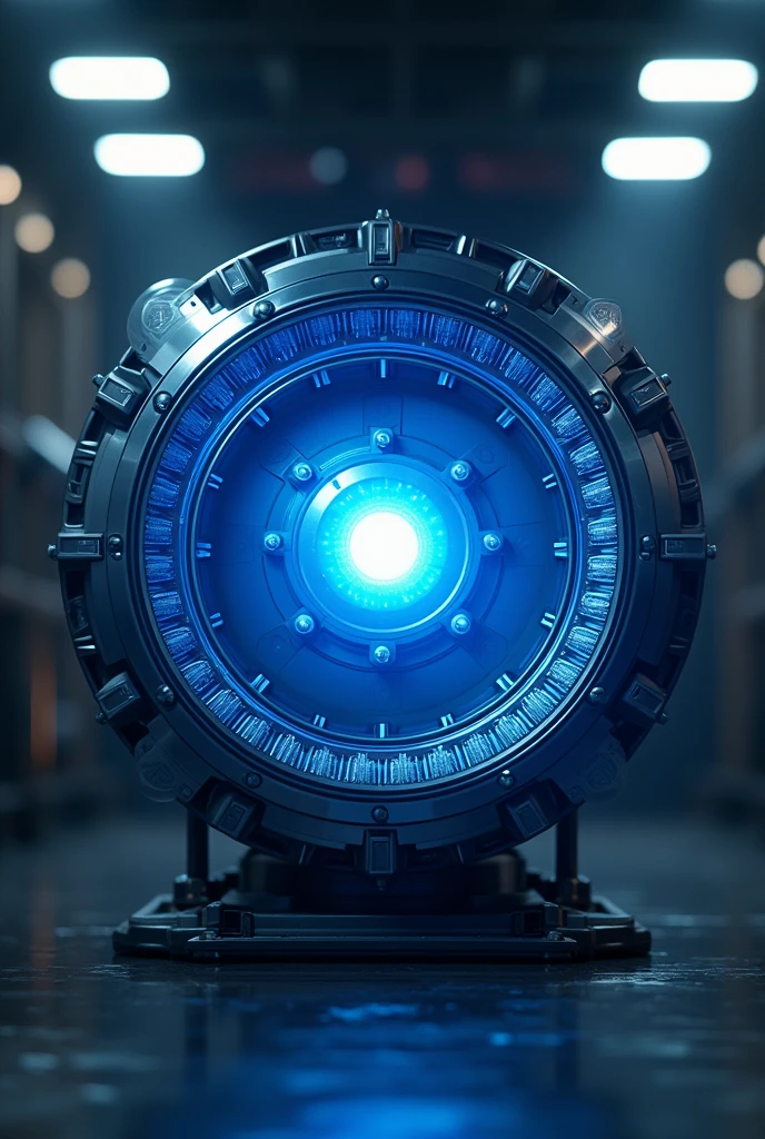 Arc reactor in blue colour circular shape with blinking blue light and at the centre of an arc reactor and realistic display add some steel rods in the arc reactor face front side