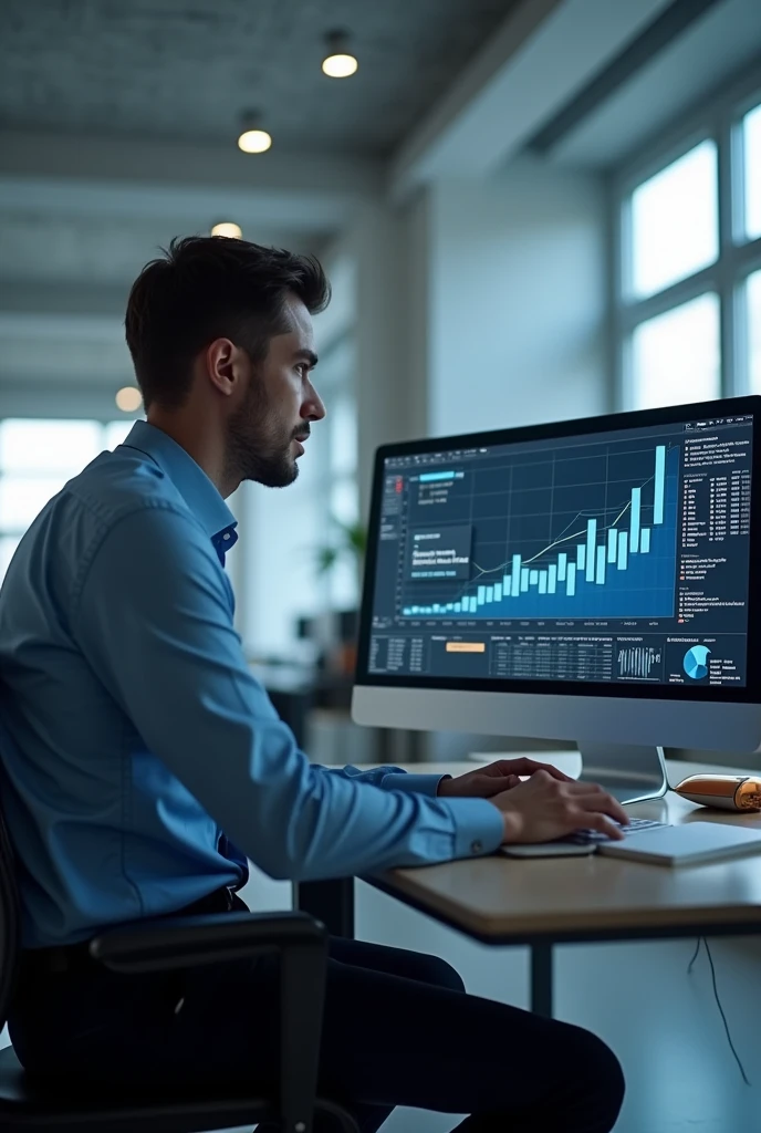 Man sitting in front of computer showing a graph